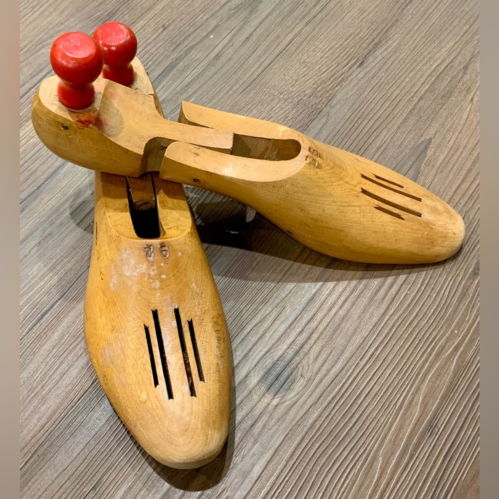 Vintage Wooden Shoe Stretchers with Red Handles
